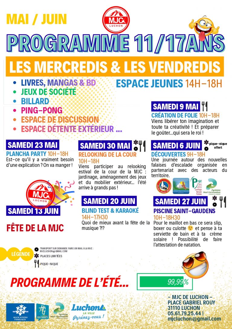 MJC de Luchon le Programme de Mai & Juin pour les 11/17 ans.